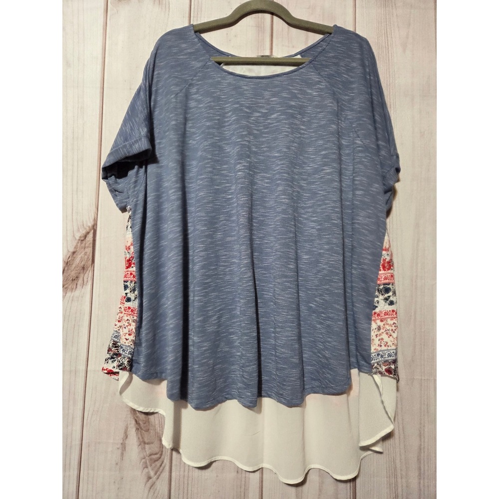 American Rag Plus Size 3X‎ Blue Tunic Top Floral Print Layered Sheer Hem